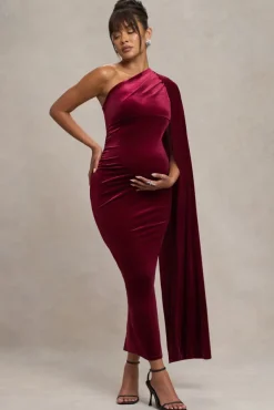 Amaryllis | Berry Velvet Maternity One Shoulder Maxi Dress with Cape Sleeve