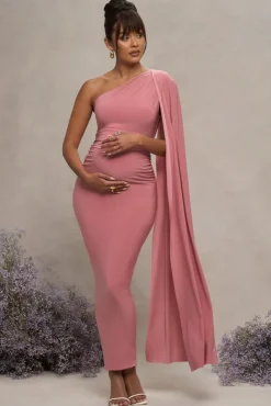 Amaryllis | Blush Pink Maternity One Shoulder Maxi Dress with Cape Sleeve
