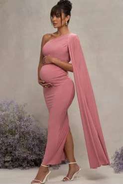 Amaryllis | Blush Pink Maternity One Shoulder Maxi Dress with Cape Sleeve