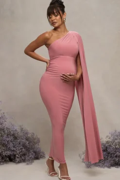 Amaryllis | Blush Pink Maternity One Shoulder Maxi Dress with Cape Sleeve