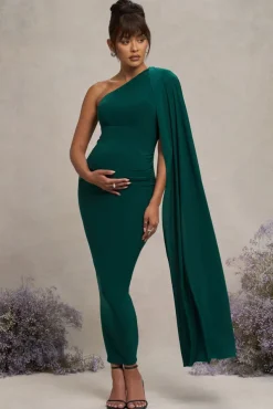 Amaryllis | Bottle Green Maternity One Shoulder Maxi Dress with Cape Sleeve