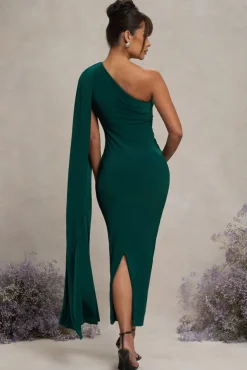 Amaryllis | Bottle Green Maternity One Shoulder Maxi Dress with Cape Sleeve
