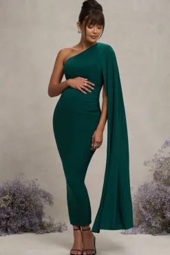 Amaryllis | Bottle Green Maternity One Shoulder Maxi Dress with Cape Sleeve