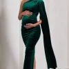 Amaryllis | Bottle Green Velvet Maternity One Shoulder Maxi Dress with Cape Sleeve