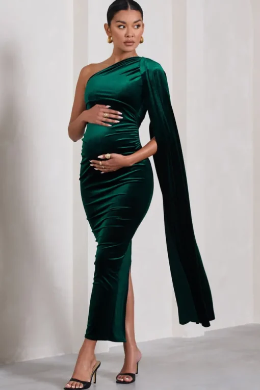 Amaryllis | Bottle Green Velvet Maternity One Shoulder Maxi Dress with Cape Sleeve