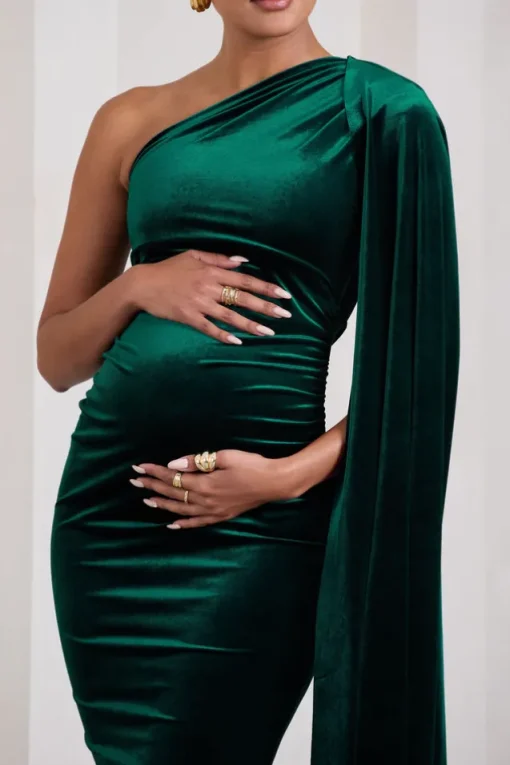 Amaryllis | Bottle Green Velvet Maternity One Shoulder Maxi Dress with Cape Sleeve