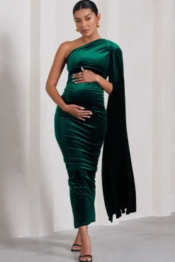 Amaryllis | Bottle Green Velvet Maternity One Shoulder Maxi Dress with Cape Sleeve