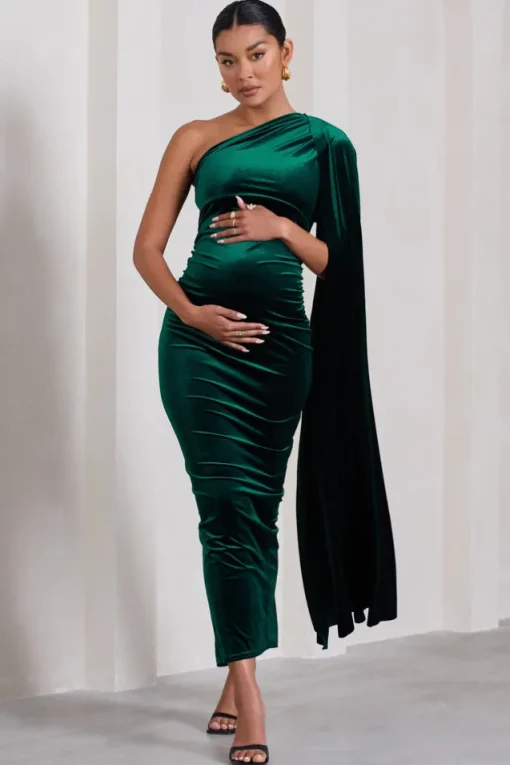 Amaryllis | Bottle Green Velvet Maternity One Shoulder Maxi Dress with Cape Sleeve