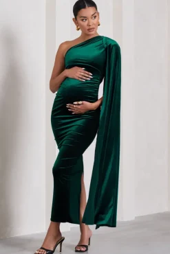 Amaryllis | Bottle Green Velvet Maternity One Shoulder Maxi Dress with Cape Sleeve