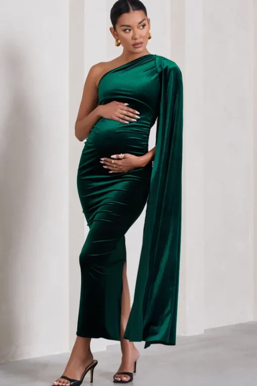 Amaryllis | Bottle Green Velvet Maternity One Shoulder Maxi Dress with Cape Sleeve