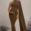 Amaryllis | Chocolate Maternity One Shoulder Maxi Dress with Cape Sleeve