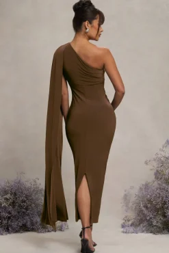 Amaryllis | Chocolate Maternity One Shoulder Maxi Dress with Cape Sleeve