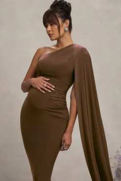 Amaryllis | Chocolate Maternity One Shoulder Maxi Dress with Cape Sleeve