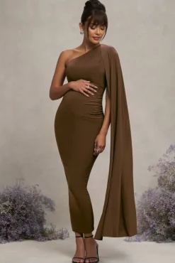 Amaryllis | Chocolate Maternity One Shoulder Maxi Dress with Cape Sleeve