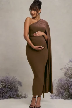 Amaryllis | Chocolate Maternity One Shoulder Maxi Dress with Cape Sleeve