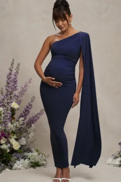 Amaryllis | Navy Maternity One Shoulder Maxi Dress with Cape Sleeve