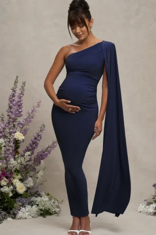 Amaryllis | Navy Maternity One Shoulder Maxi Dress with Cape Sleeve