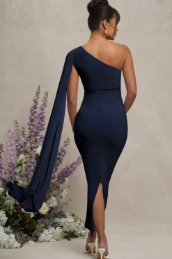 Amaryllis | Navy Maternity One Shoulder Maxi Dress with Cape Sleeve