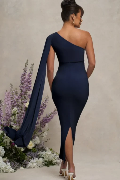 Amaryllis | Navy Maternity One Shoulder Maxi Dress with Cape Sleeve