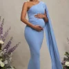 Amaryllis | Powder Blue Maternity One Shoulder Maxi Dress with Cape Sleeve