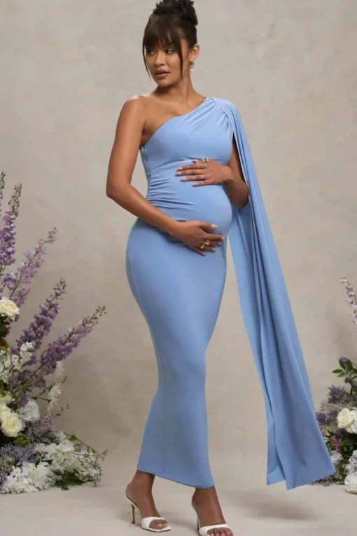 Amaryllis | Powder Blue Maternity One Shoulder Maxi Dress with Cape Sleeve