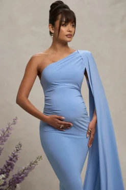 Amaryllis | Powder Blue Maternity One Shoulder Maxi Dress with Cape Sleeve