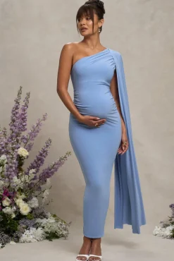 Amaryllis | Powder Blue Maternity One Shoulder Maxi Dress with Cape Sleeve