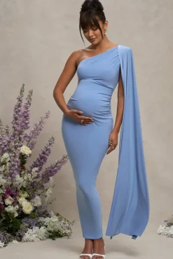 Amaryllis | Powder Blue Maternity One Shoulder Maxi Dress with Cape Sleeve