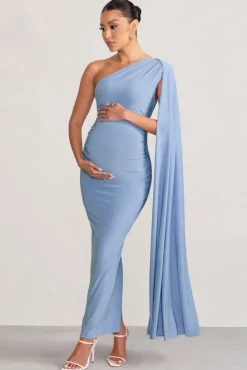 Amaryllis | Powder Blue Maternity One Shoulder Maxi Dress with Cape Sleeve