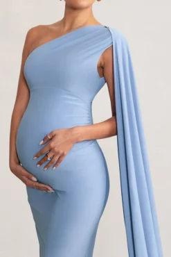 Amaryllis | Powder Blue Maternity One Shoulder Maxi Dress with Cape Sleeve