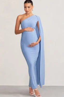 Amaryllis | Powder Blue Maternity One Shoulder Maxi Dress with Cape Sleeve
