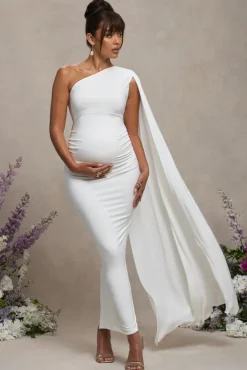 Amaryllis | White Maternity One Shoulder Maxi Dress with Cape Sleeve