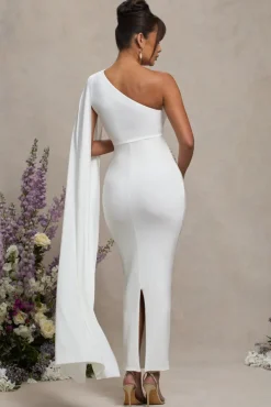Amaryllis | White Maternity One Shoulder Maxi Dress with Cape Sleeve