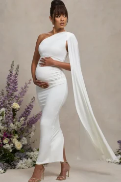 Amaryllis | White Maternity One Shoulder Maxi Dress with Cape Sleeve