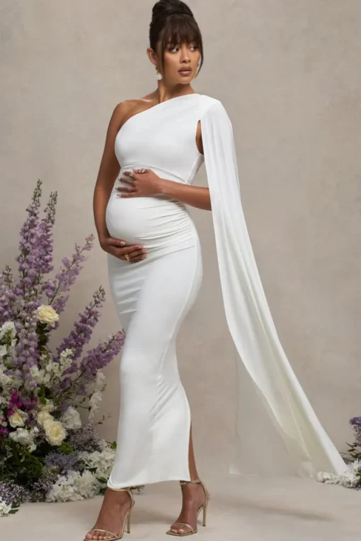 Amaryllis | White Maternity One Shoulder Maxi Dress with Cape Sleeve