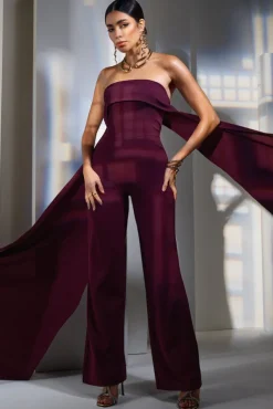 Amaya | Dark Plum Bandeau Wide-Leg Jumpsuit With Cape