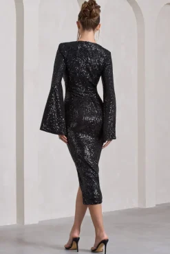 Amber | Black Sequin Plunge Wrap Midi Dress with Cape Sleeves and Front Split