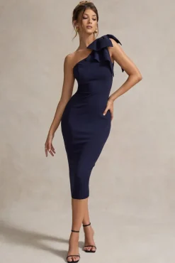 Ambretta | Navy One-Shoulder Midi Dress With Bow