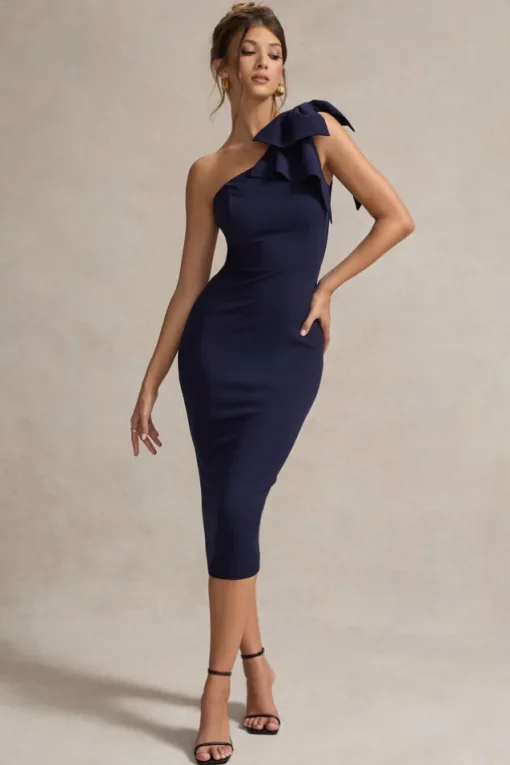 Ambretta | Navy One-Shoulder Midi Dress With Bow