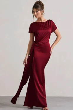 Ambrosia | Berry Satin Pleated Maxi Dress With Drape