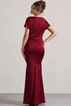 Ambrosia | Berry Satin Pleated Maxi Dress With Drape