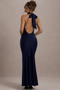 Amelita | Navy Satin Cowl-Neck Fishtail Maxi Dress