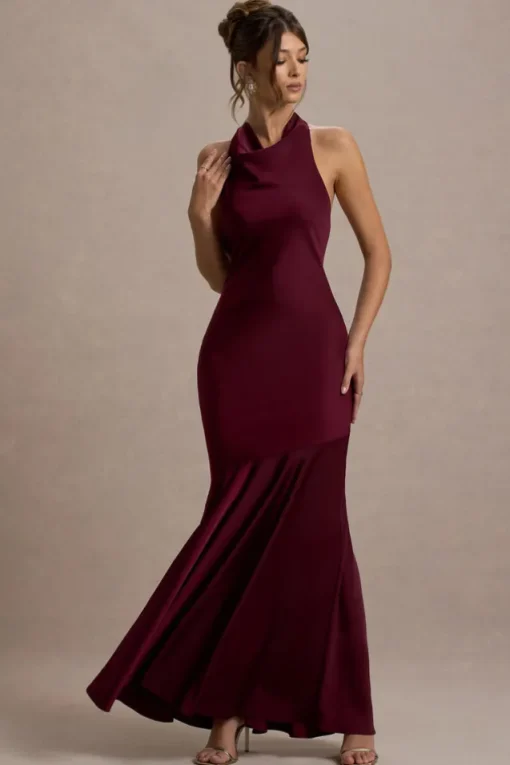 Amelita | Port Satin Cowl-Neck Fishtail Maxi Dress