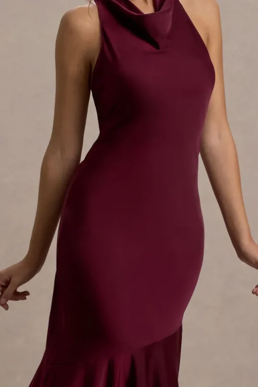 Amelita | Port Satin Cowl-Neck Fishtail Maxi Dress