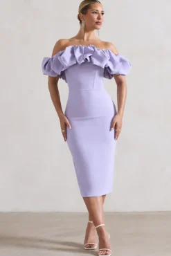Amie | Lilac Structured Ruffle Bardot Midi Dress