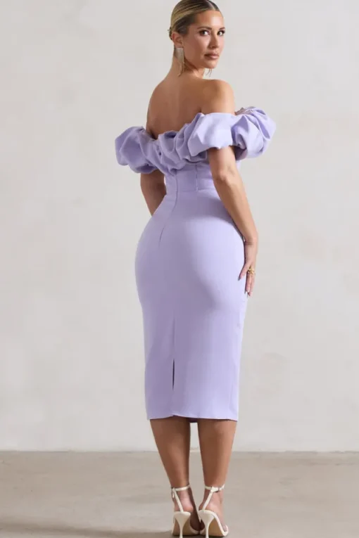 Amie | Lilac Structured Ruffle Bardot Midi Dress