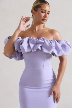 Amie | Lilac Structured Ruffle Bardot Midi Dress