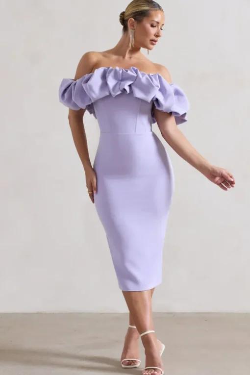 Amie | Lilac Structured Ruffle Bardot Midi Dress