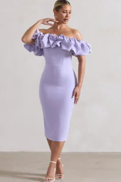 Amie | Lilac Structured Ruffle Bardot Midi Dress