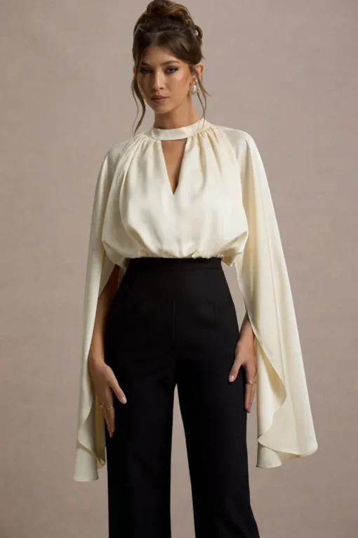 Amity | Black u0026 Cream Wide-Leg Jumpsuit With Satin Cape Sleeves